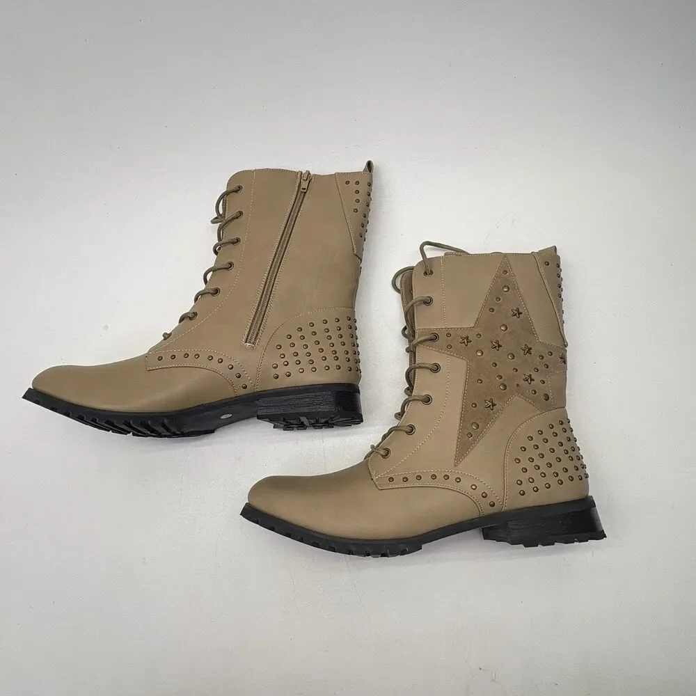 Gia-Mia Star Combat Boots Women’s 13 Tan Studded Lace Up Side Zip NIB